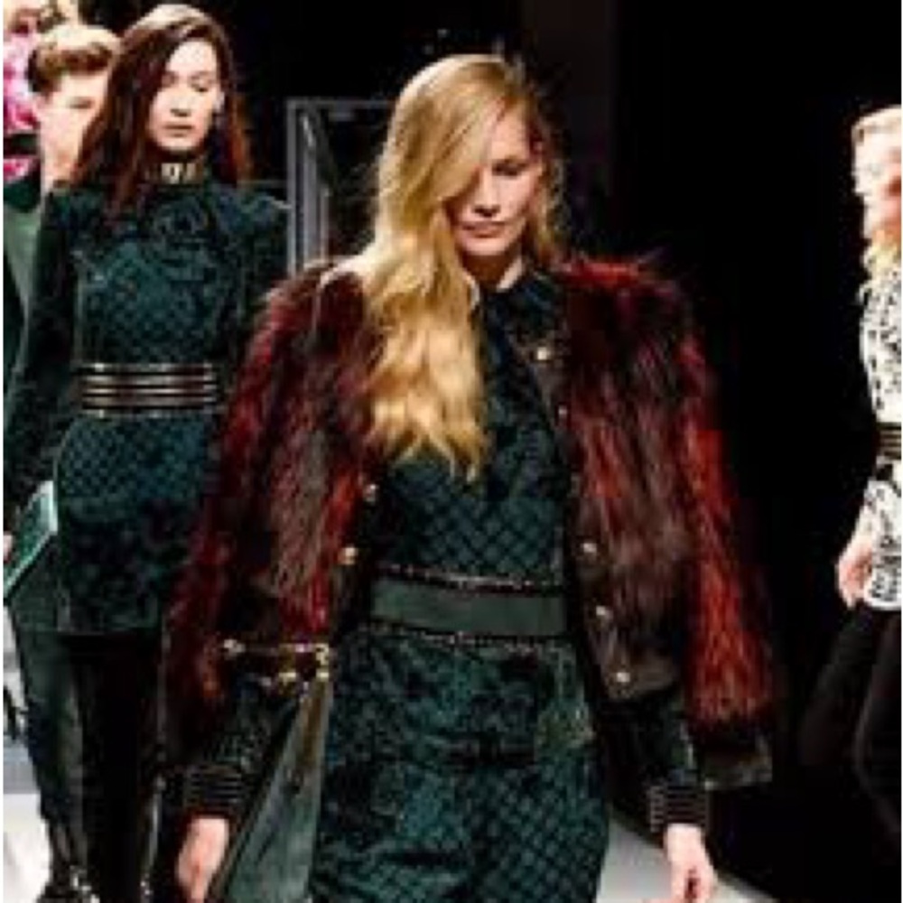 Balmain x H&M Faux Fur Jacket Faux Leather Black Dark Pink Rare - size US 12 - Picture 5 of 10